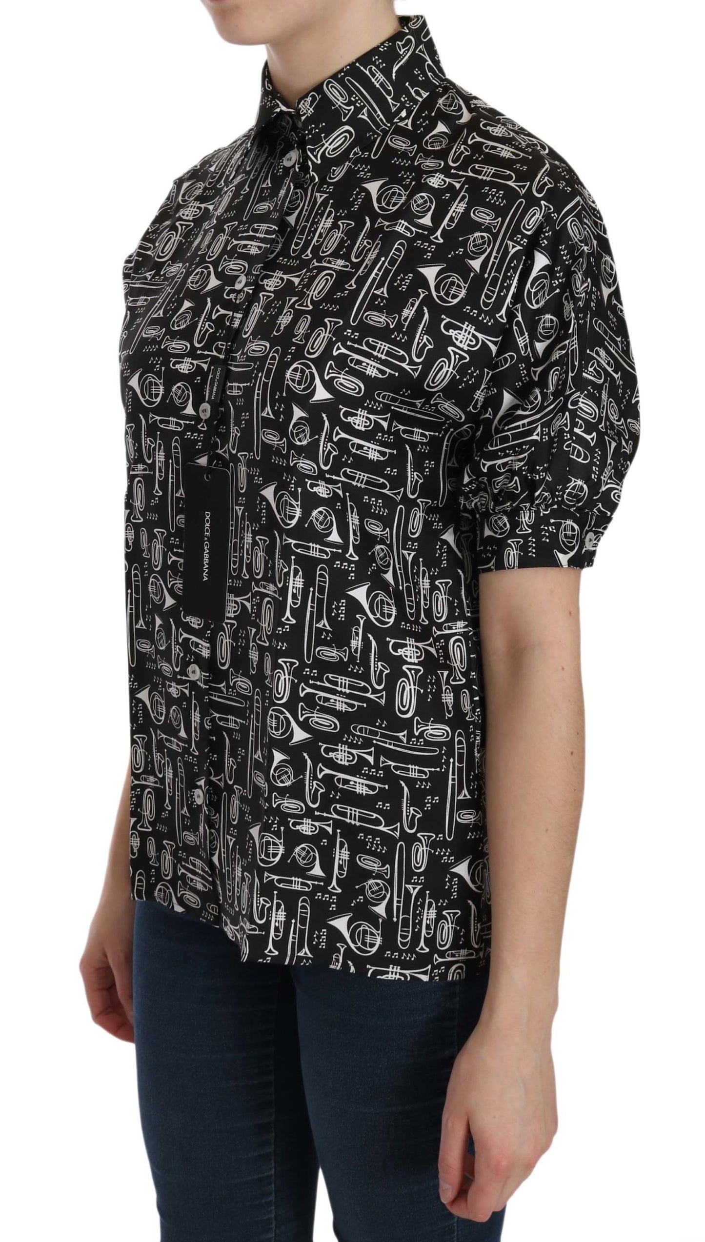 Dolce & Gabbana – Schwarze Bluse mit Kragen und Musikinstrumentenmotiv