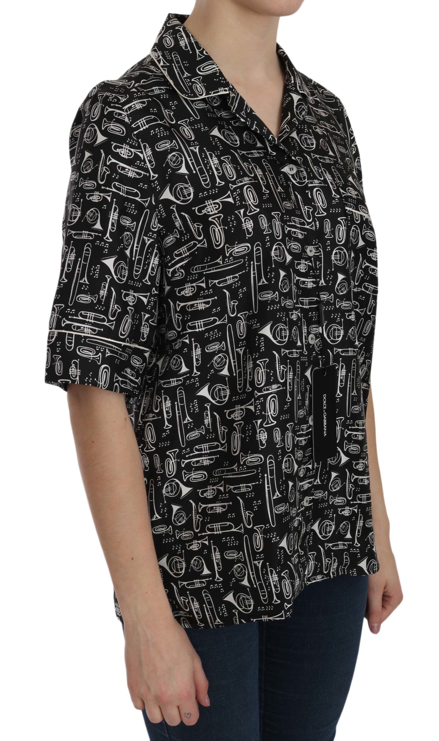Dolce & Gabbana – Schwarzes Seidentop mit Musikinstrumenten-Print