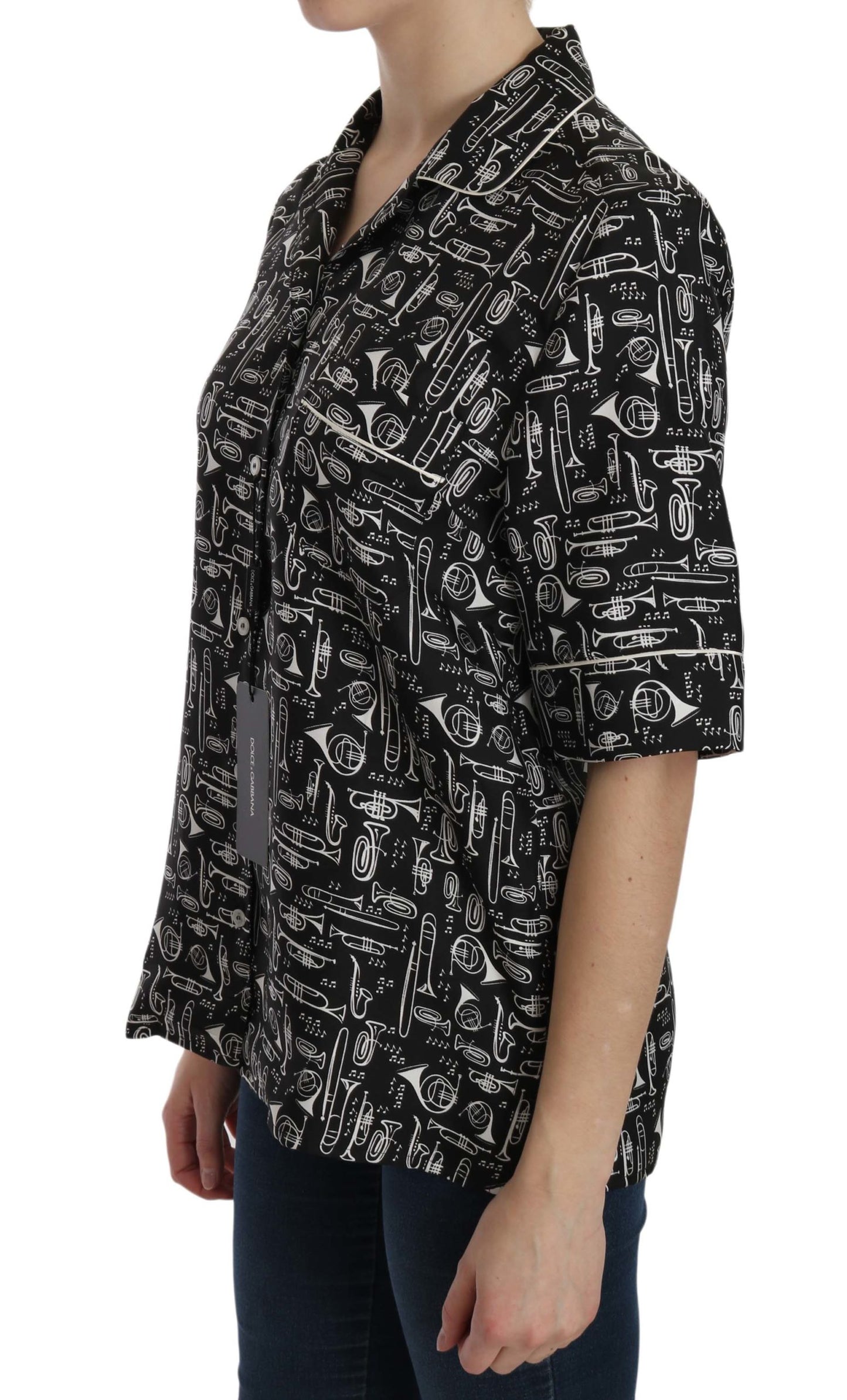 Dolce & Gabbana – Schwarzes Seidentop mit Musikinstrumenten-Print