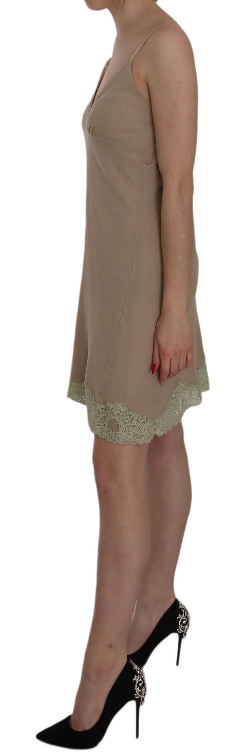 PINK MEMORIES Beiges Minikleid aus Baumwolle mit Spaghettiträgern und Spitze