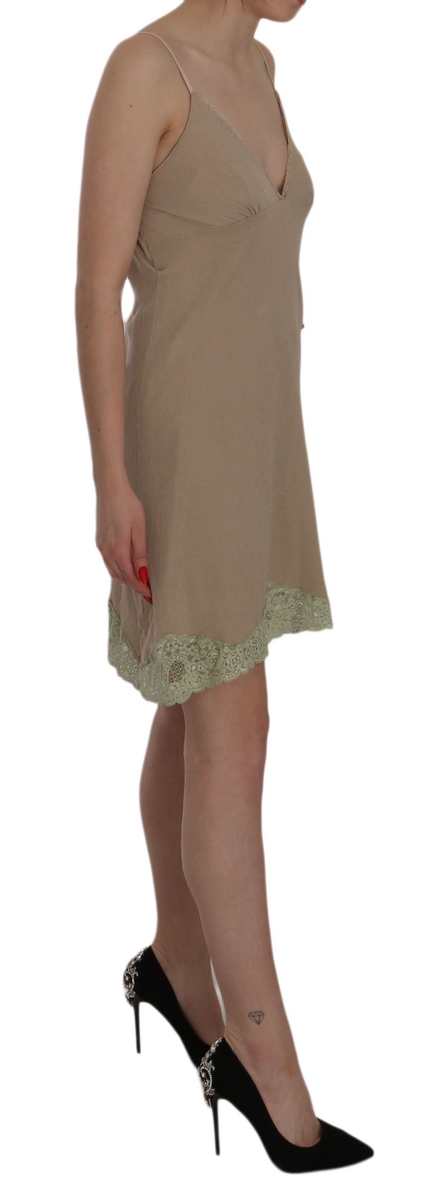 PINK MEMORIES Beiges Minikleid aus Baumwolle mit Spaghettiträgern und Spitze