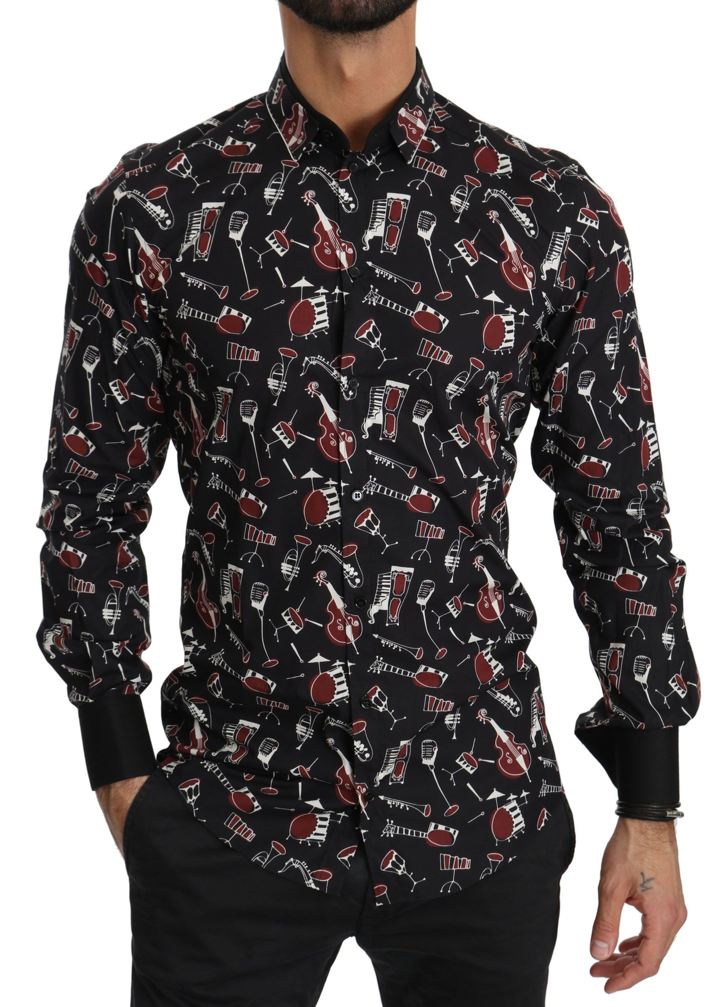 Dolce & Gabbana – Schwarzes Slim Fit-Hemd mit Musikinstrument