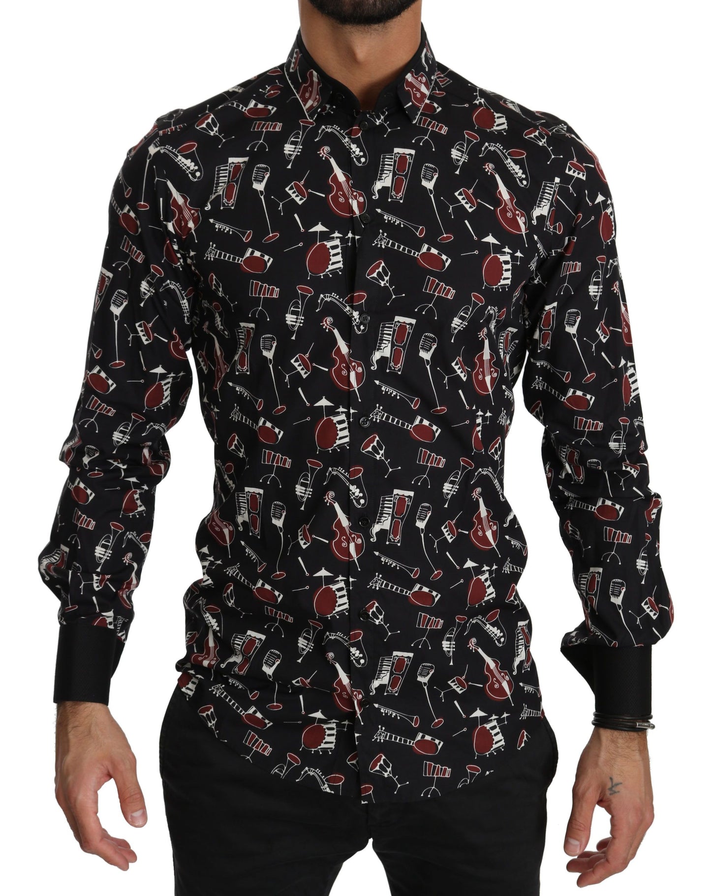 Dolce & Gabbana – Schwarzes Slim Fit-Hemd mit Musikinstrument