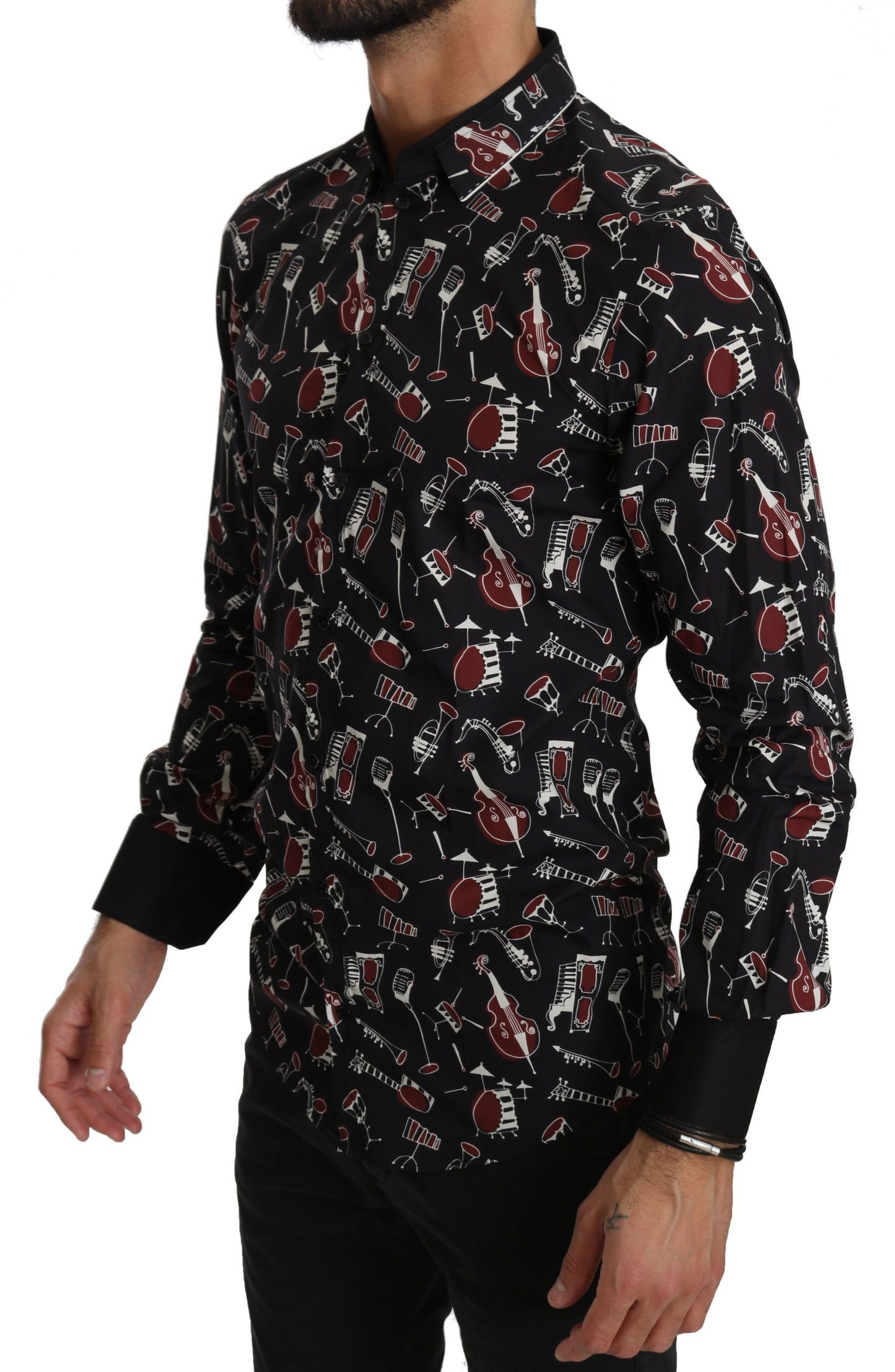 Dolce & Gabbana – Schwarzes Slim Fit-Hemd mit Musikinstrument
