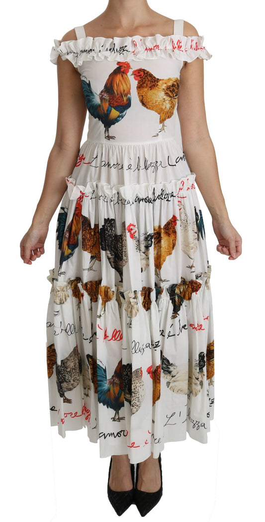 Dolce & Gabbana Weißes Midi-Etuikleid aus Baumwolle mit Hahnentrittmuster