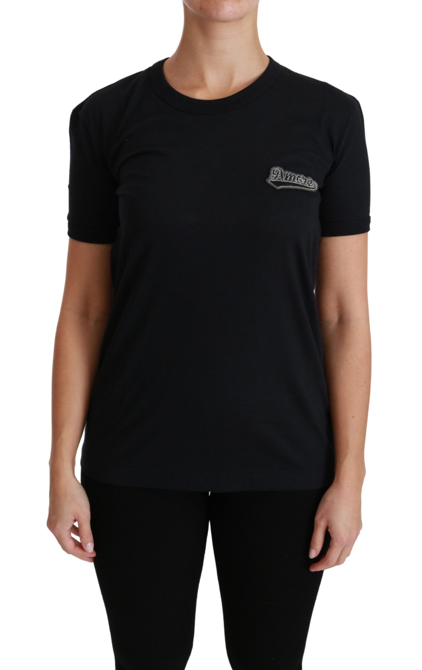Dolce & Gabbana – Blaues T-Shirt mit Rundhalsausschnitt und Love-Patch aus Baumwolle