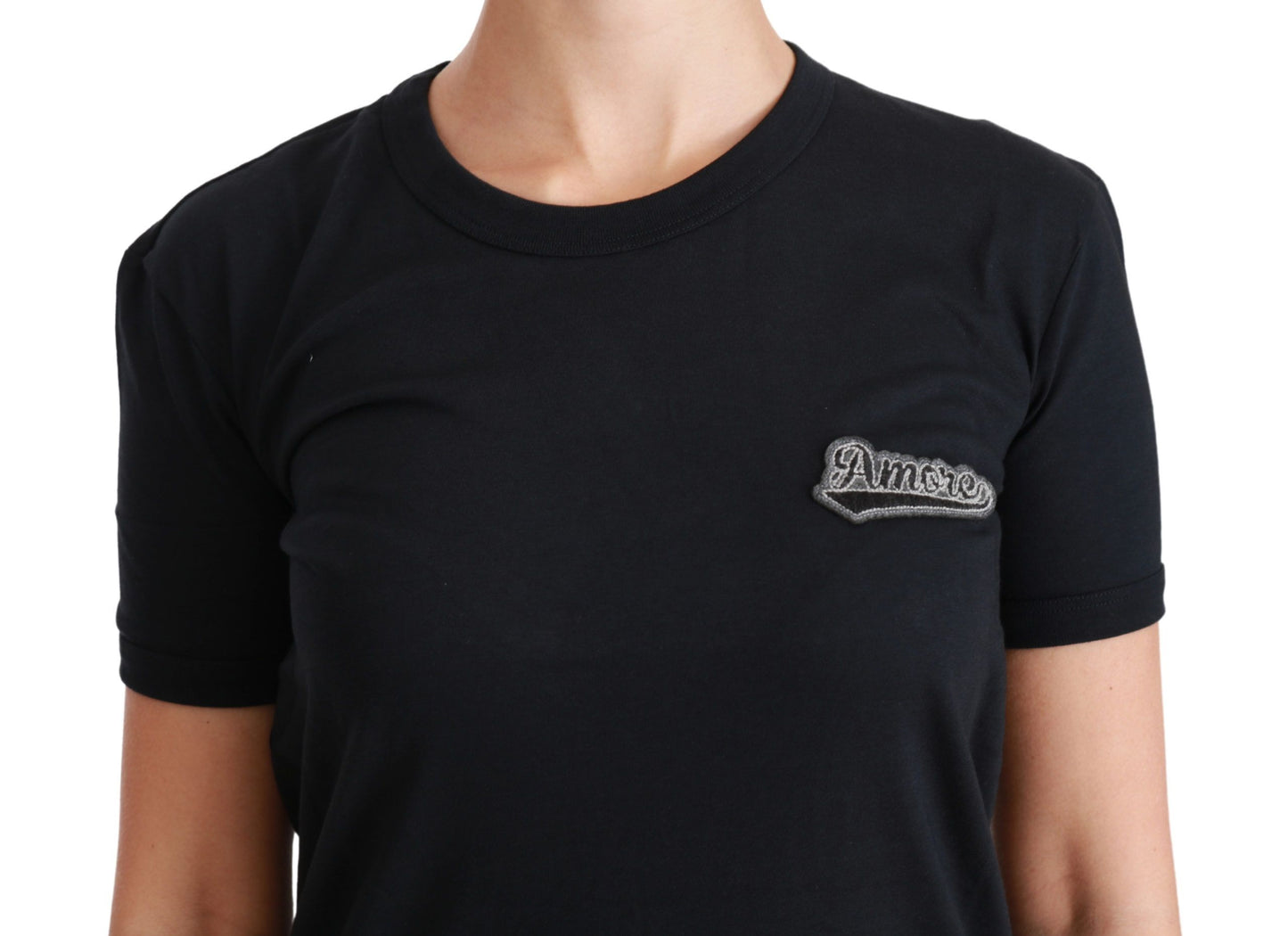 Dolce & Gabbana – Blaues T-Shirt mit Rundhalsausschnitt und Love-Patch aus Baumwolle