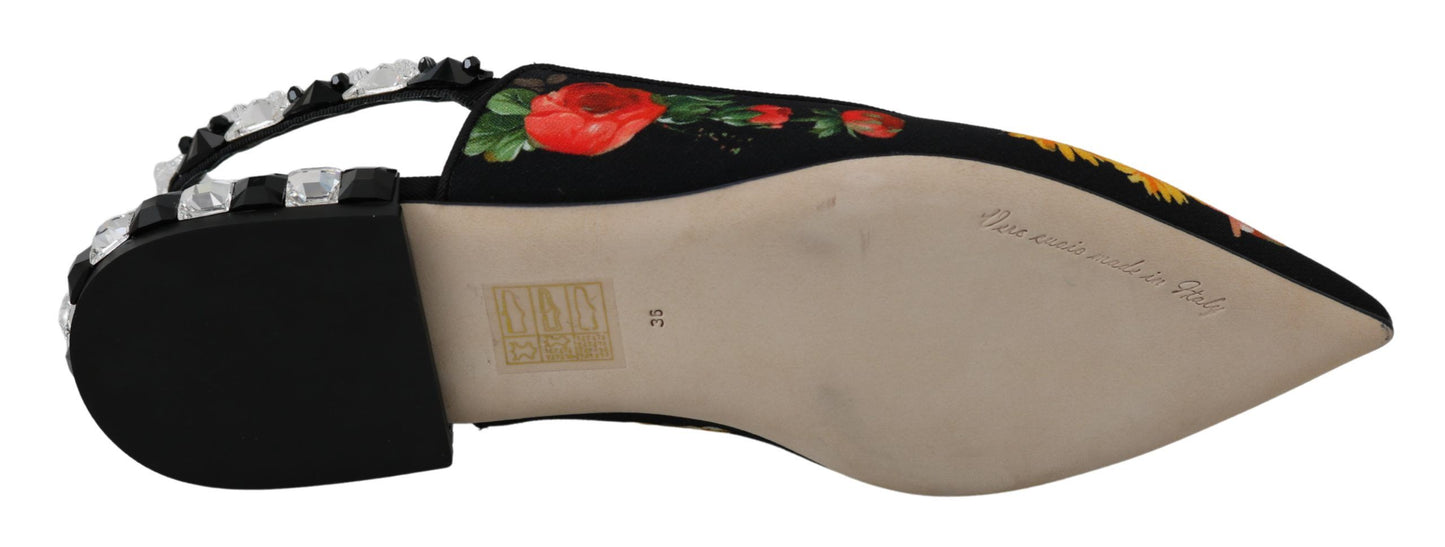 Dolce & Gabbana – Schwarze Slingback-Schuhe mit Blumenmuster und Kristallen