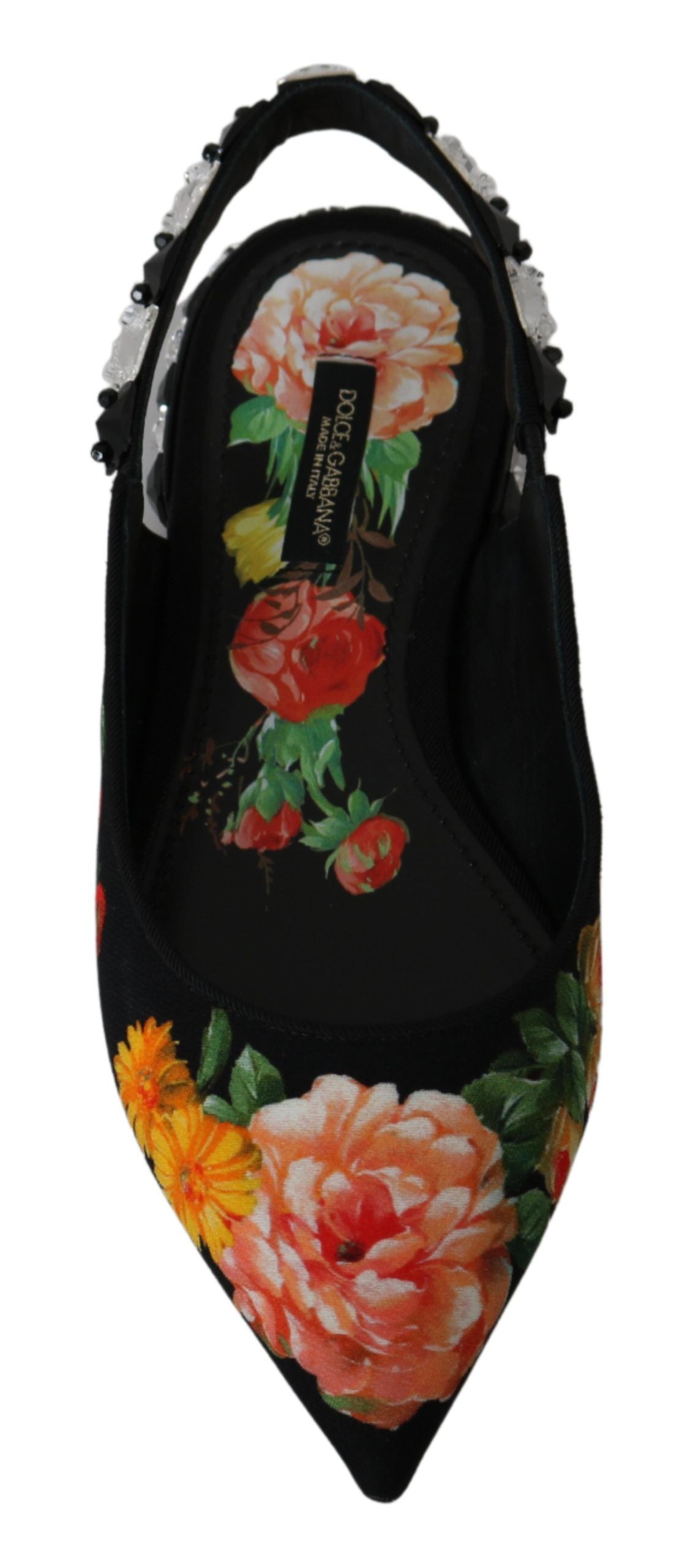 Dolce & Gabbana – Schwarze Slingback-Schuhe mit Blumenmuster und Kristallen
