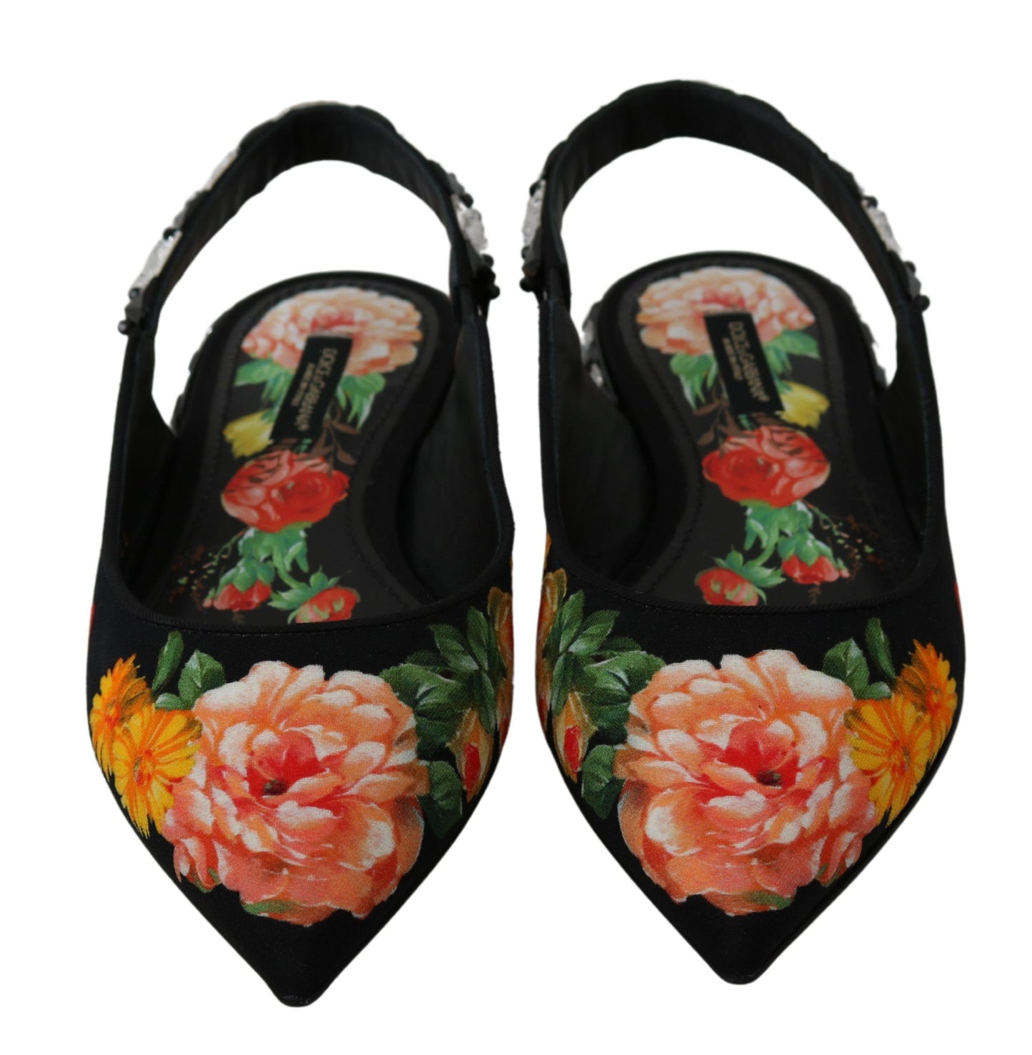 Dolce & Gabbana – Schwarze Slingback-Schuhe mit Blumenmuster und Kristallen
