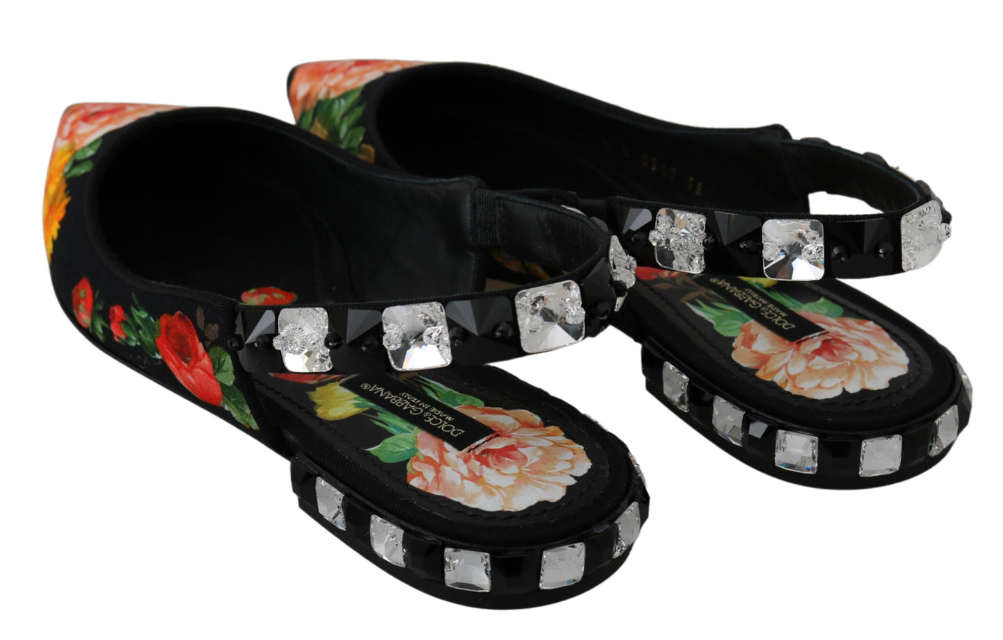 Dolce & Gabbana – Schwarze Slingback-Schuhe mit Blumenmuster und Kristallen