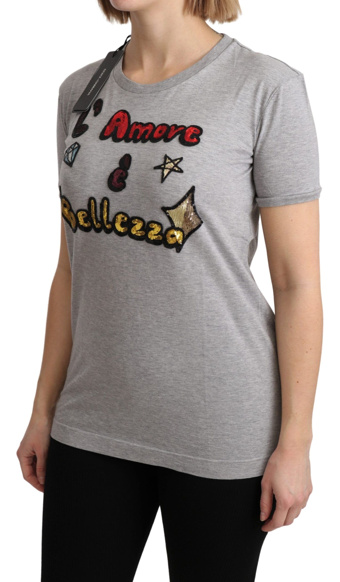 Dolce & Gabbana Graues T-Shirt aus Baumwolle „Love and Beauty“