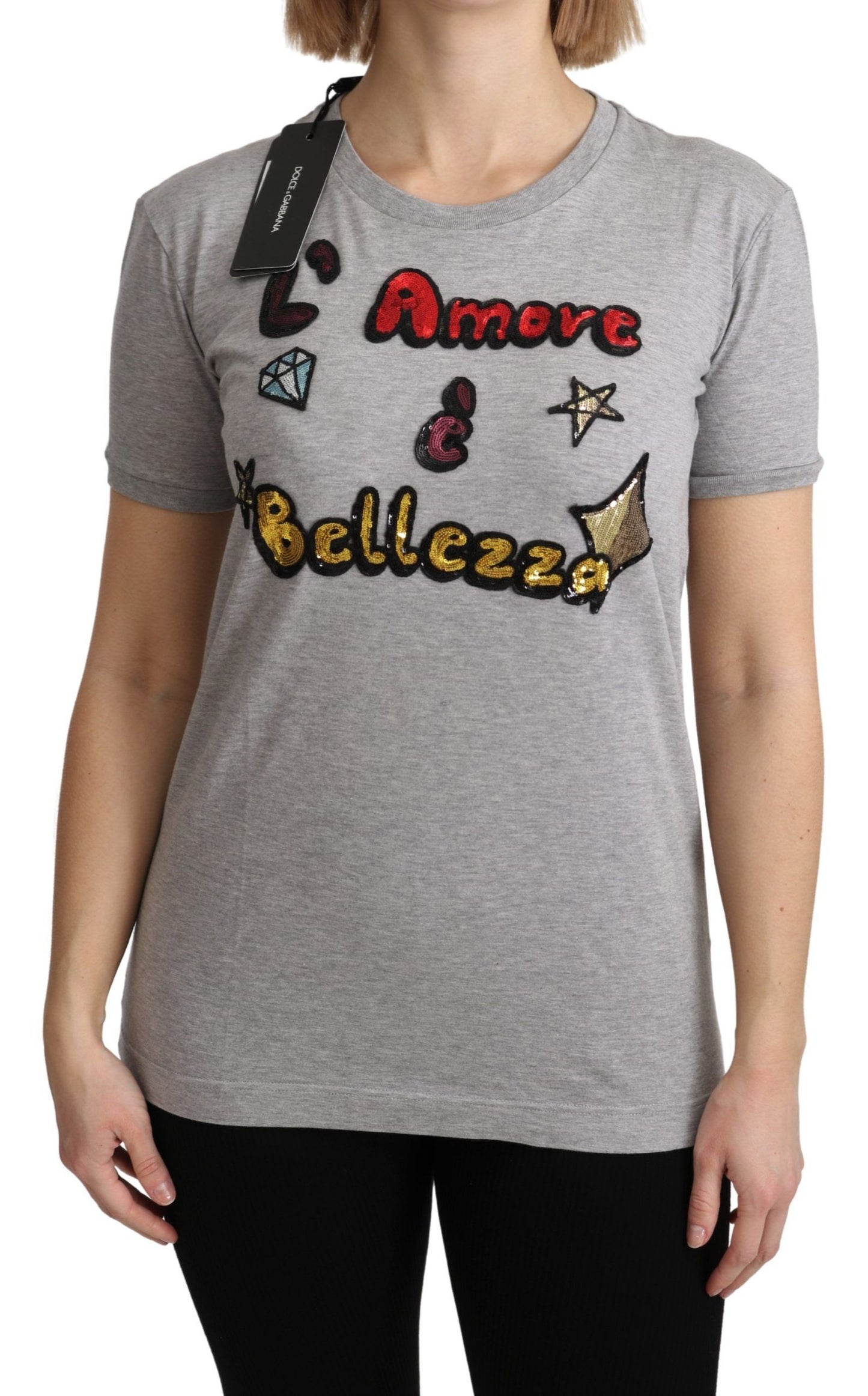 Dolce & Gabbana Graues T-Shirt aus Baumwolle „Love and Beauty“