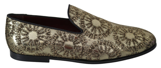 Dolce & Gabbana Gold Jacquard Flats Herren Loafer Schuhe