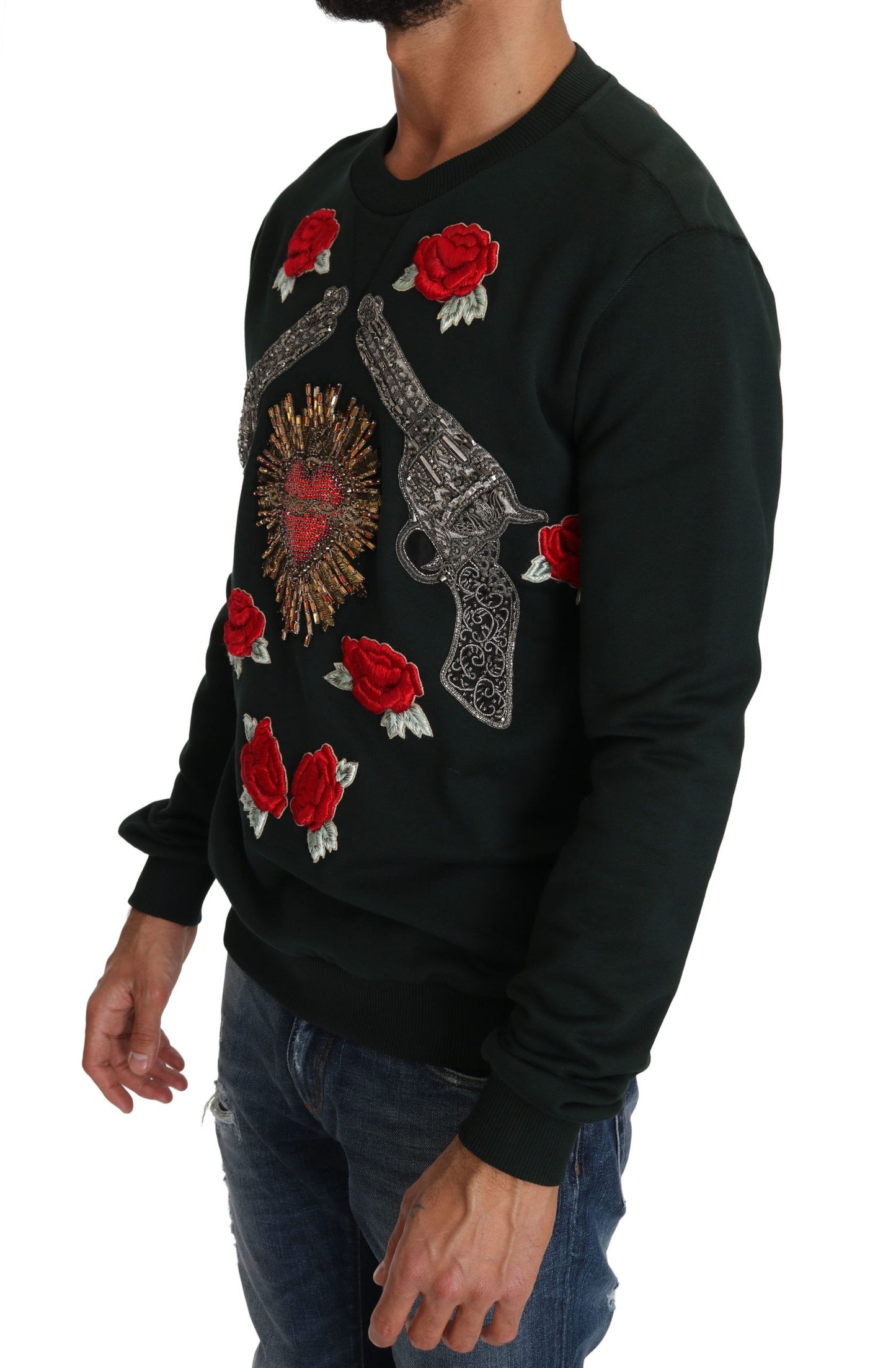 Dolce & Gabbana Grüner Pullover mit Kristallherz und Rosen