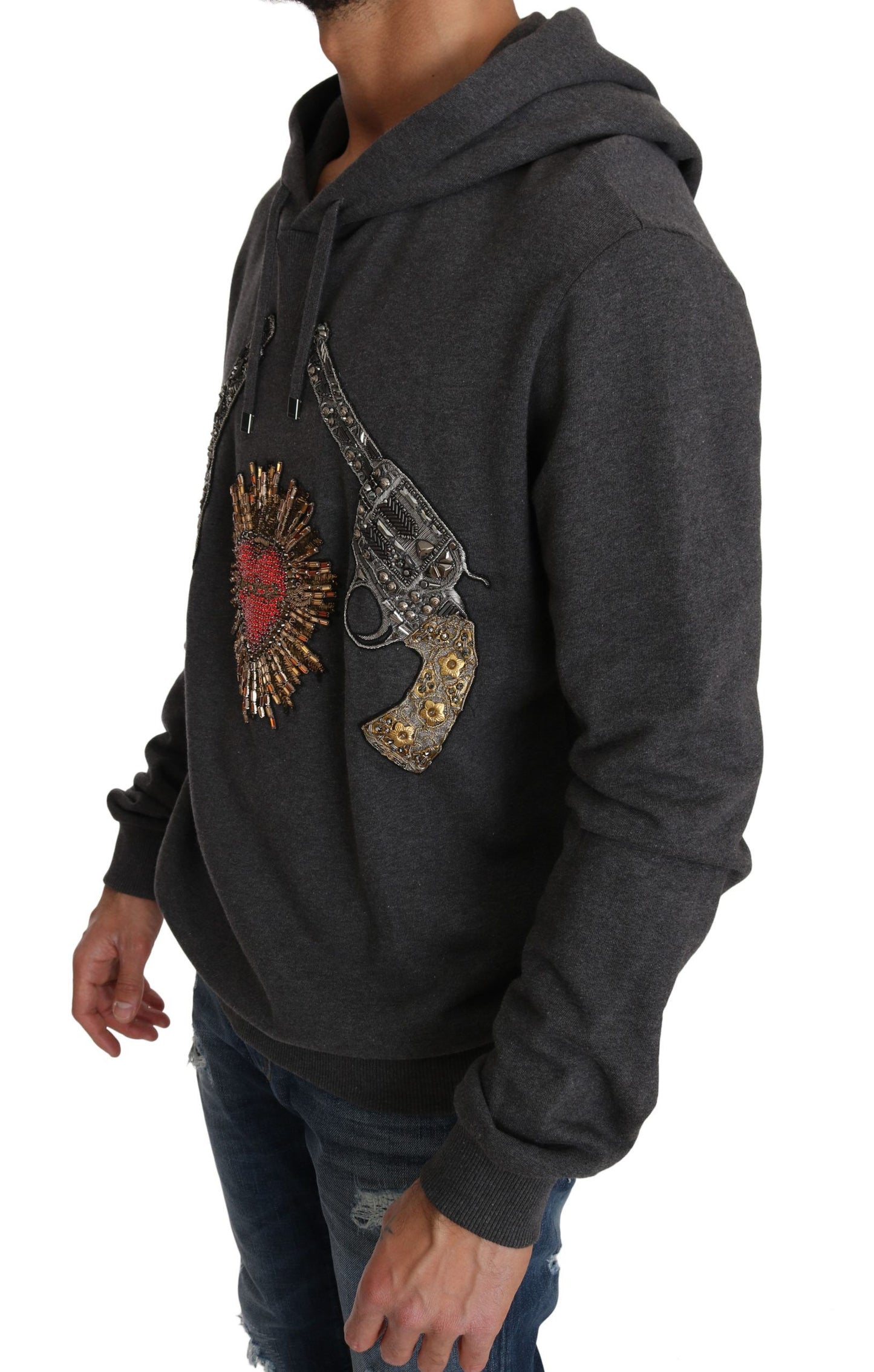 Dolce & Gabbana Grauer Kapuzenpullover mit rotem Kristallherz und Pistole