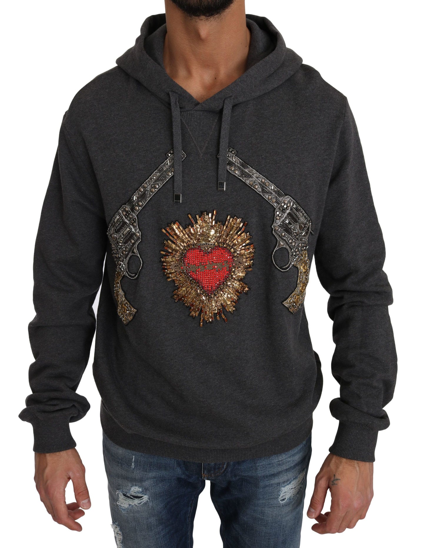 Dolce & Gabbana Grauer Kapuzenpullover mit rotem Kristallherz und Pistole