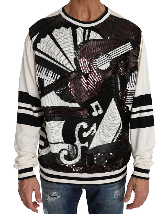 Dolce & Gabbana Weißer Jazz-Pullover mit Pailletten und Gitarre
