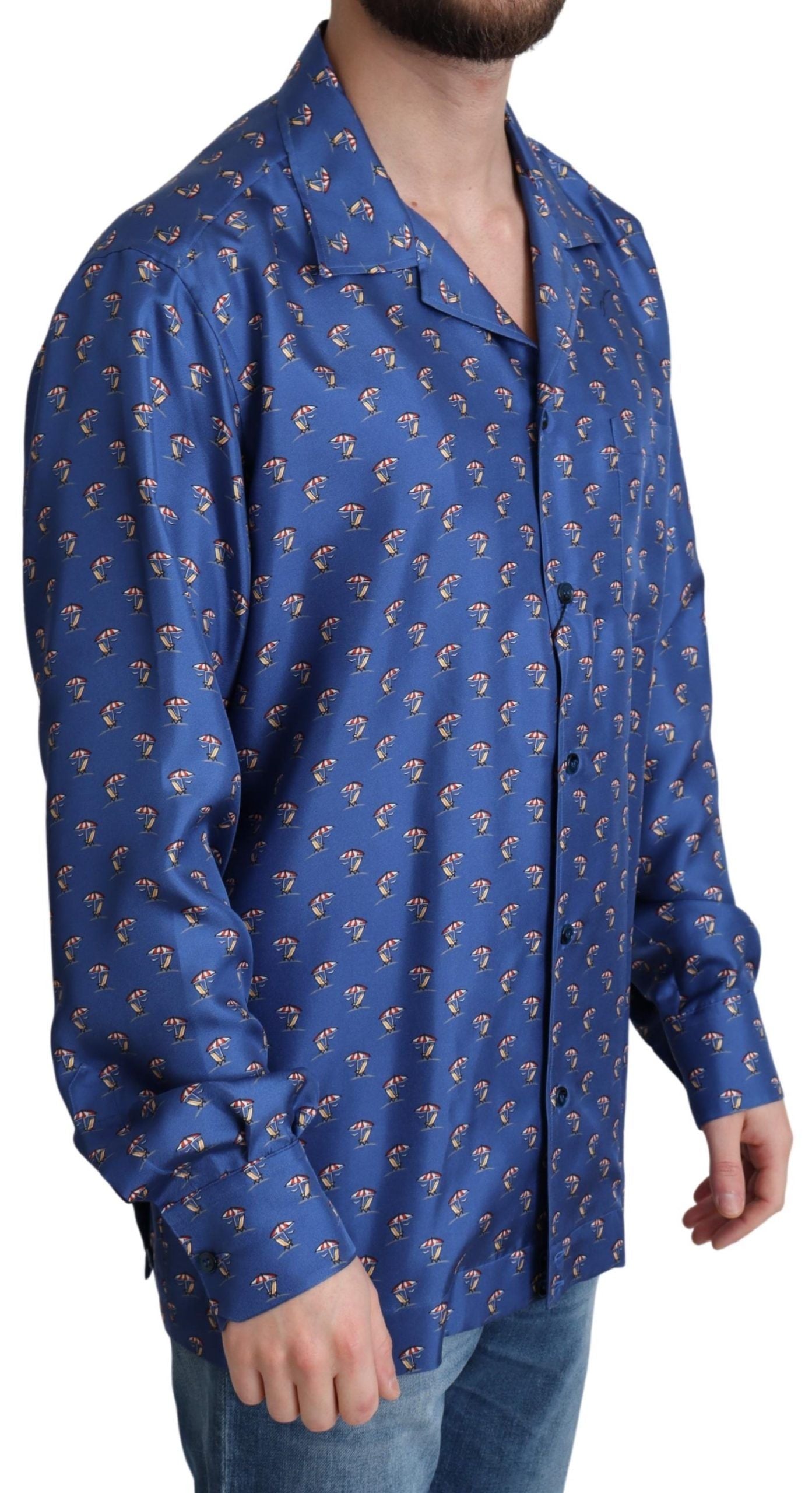 Blaues Seidenhemd mit Strandkorb- und Regenschirm-Print von Dolce & Gabbana