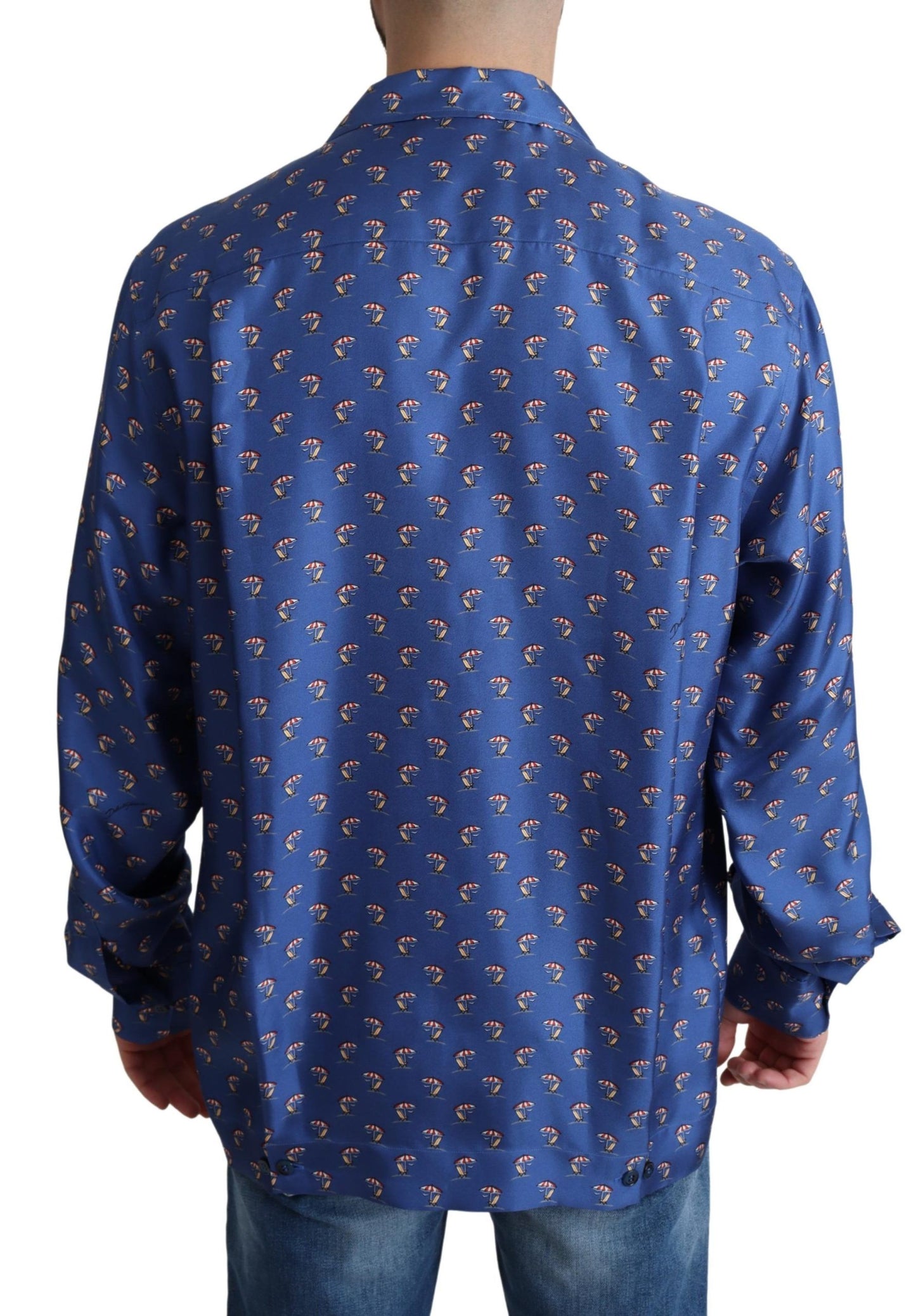 Blaues Seidenhemd mit Strandkorb- und Regenschirm-Print von Dolce & Gabbana