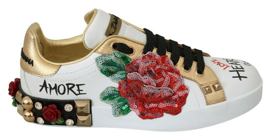 Dolce & Gabbana Weiße Rosen Pailletten Kristall Damen Sneakers Schuhe