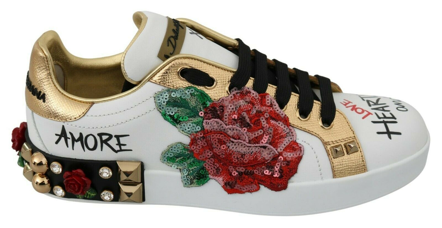 Dolce & Gabbana Weiße Rosen Pailletten Kristall Damen Sneakers Schuhe