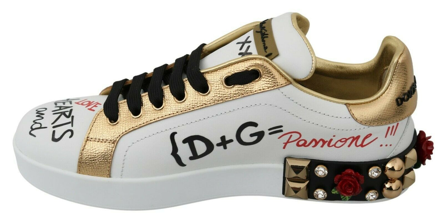 Dolce & Gabbana Weiße Rosen Pailletten Kristall Damen Sneakers Schuhe