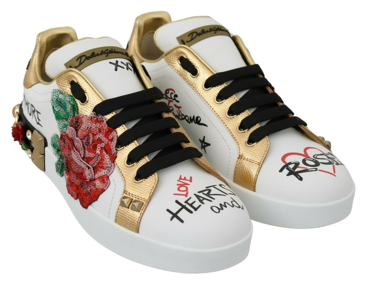 Dolce & Gabbana Weiße Rosen Pailletten Kristall Damen Sneakers Schuhe