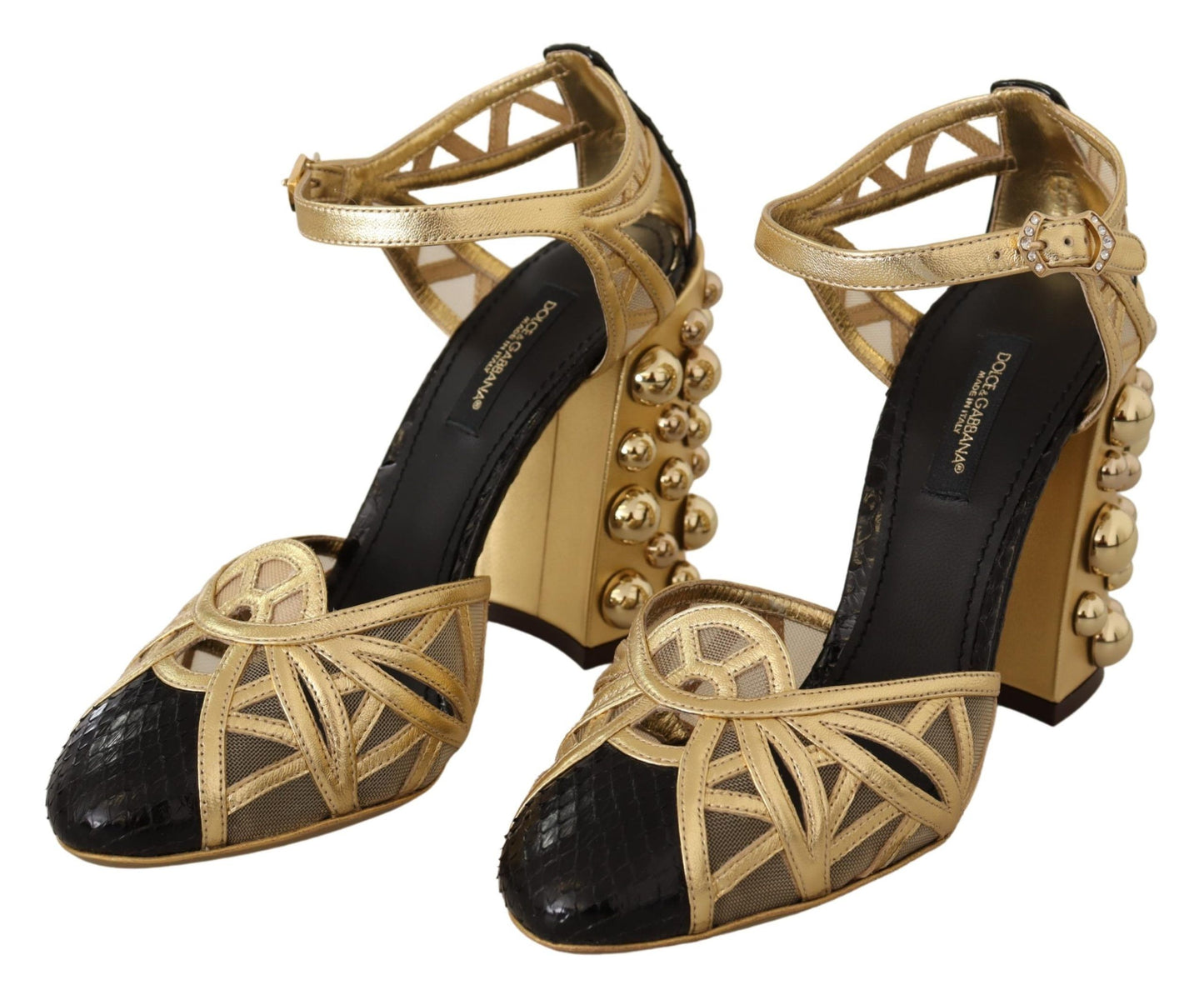 Dolce & Gabbana – Schwarze, goldene Lederschuhe mit Knöchelriemen und Nieten