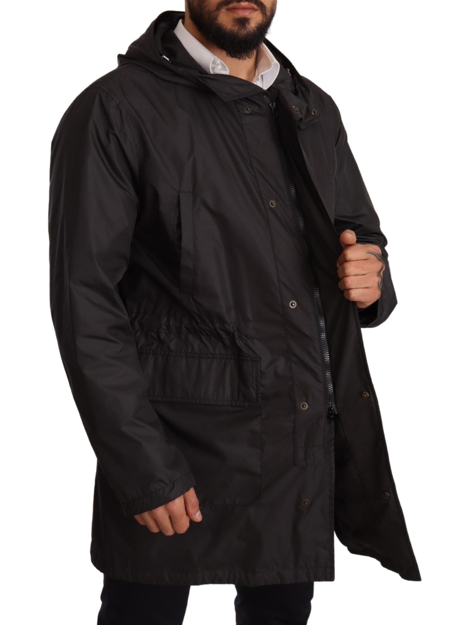 Dolce & Gabbana Schwarze Herren-Trenchcoatjacke mit Kapuze