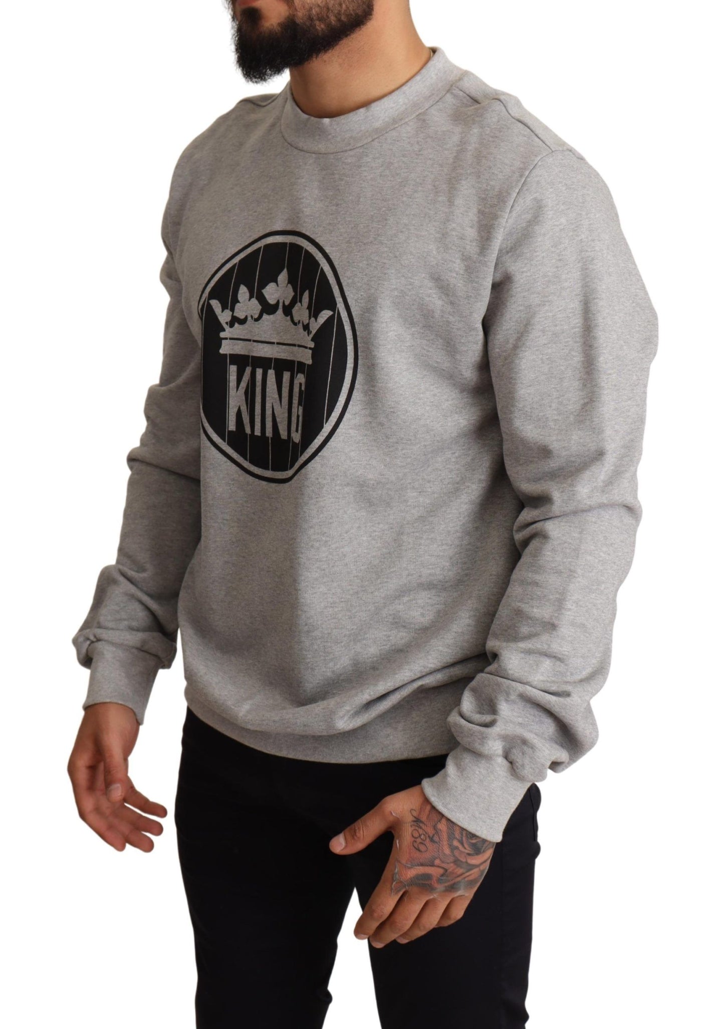 Dolce & Gabbana Grauer Baumwollpullover mit Crown King-Print