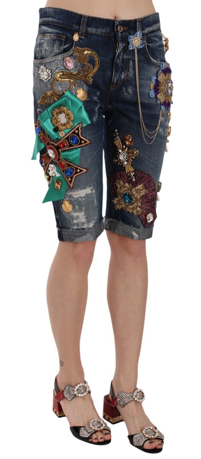 Dolce & Gabbana – Capri-Shorts aus blauem Denim mit mittlerer Taille und Kristallen
