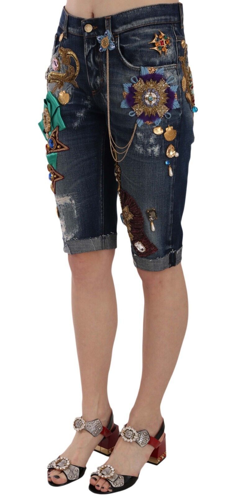 Dolce & Gabbana – Capri-Shorts aus blauem Denim mit mittlerer Taille und Kristallen