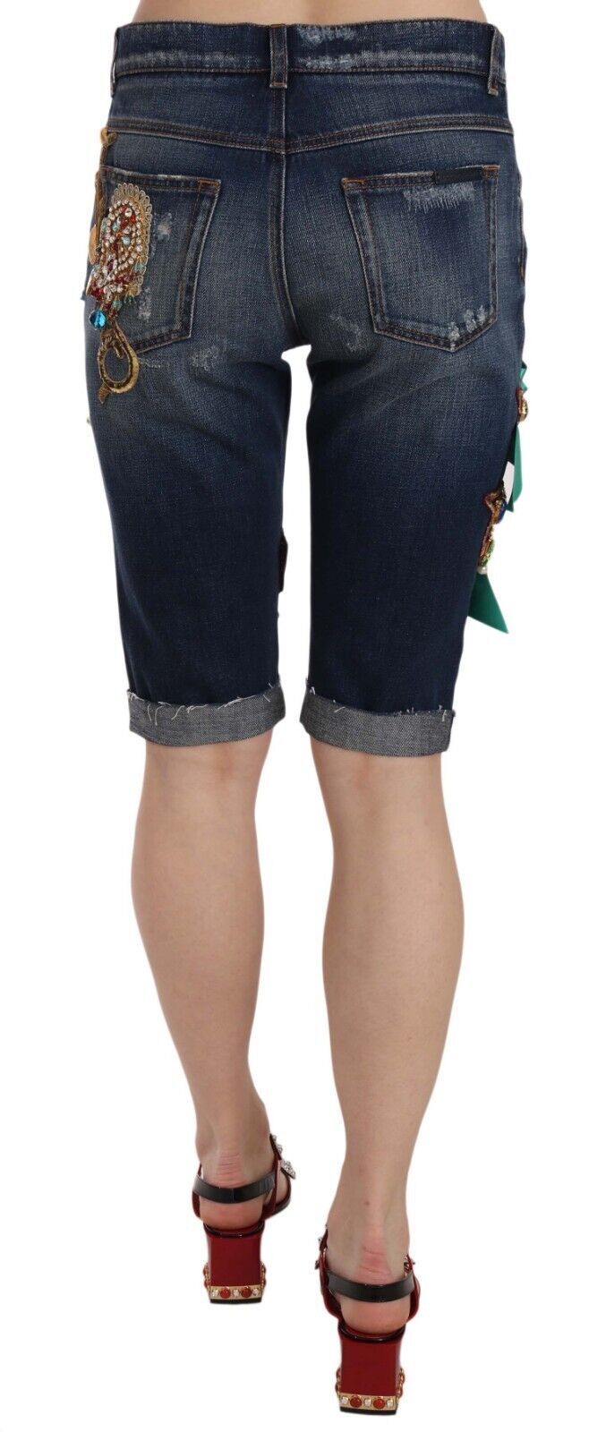 Dolce & Gabbana – Capri-Shorts aus blauem Denim mit mittlerer Taille und Kristallen