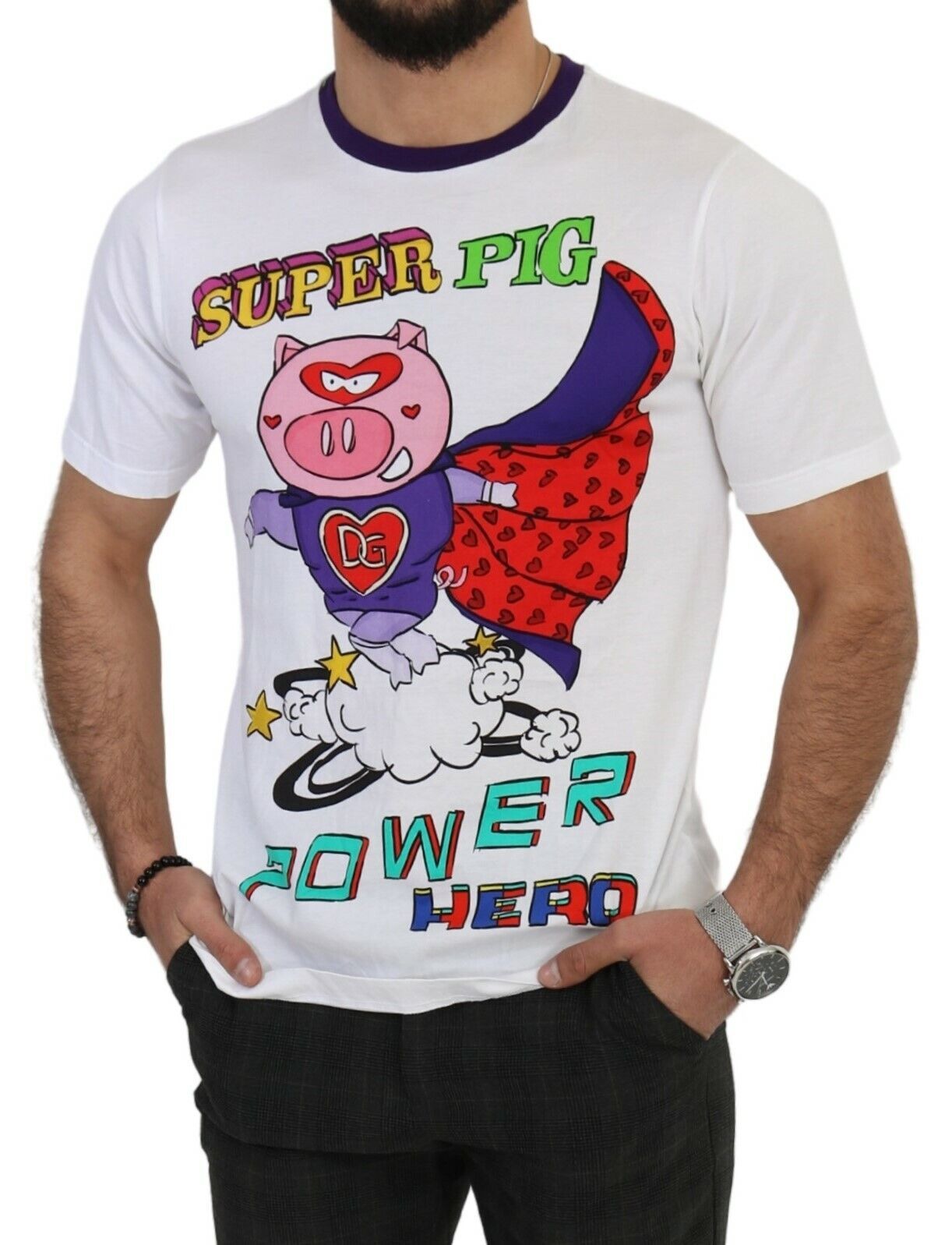 Dolce & Gabbana Weißes Baumwoll-Top „Super Power Pig“ T-Shirt