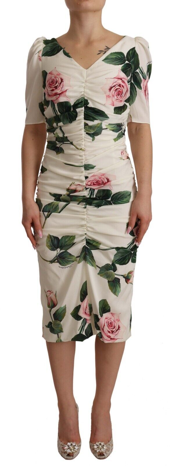 Dolce & Gabbana – Plissiertes Kleid aus Stretch-Seide mit weißem Rosenprint