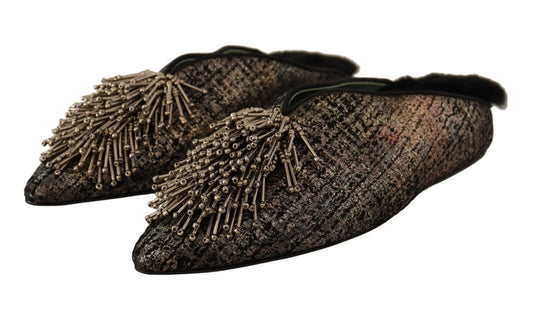 Paola D'Arcano – Slipper aus goldfarbenem Jacquard-Leder mit Verzierung