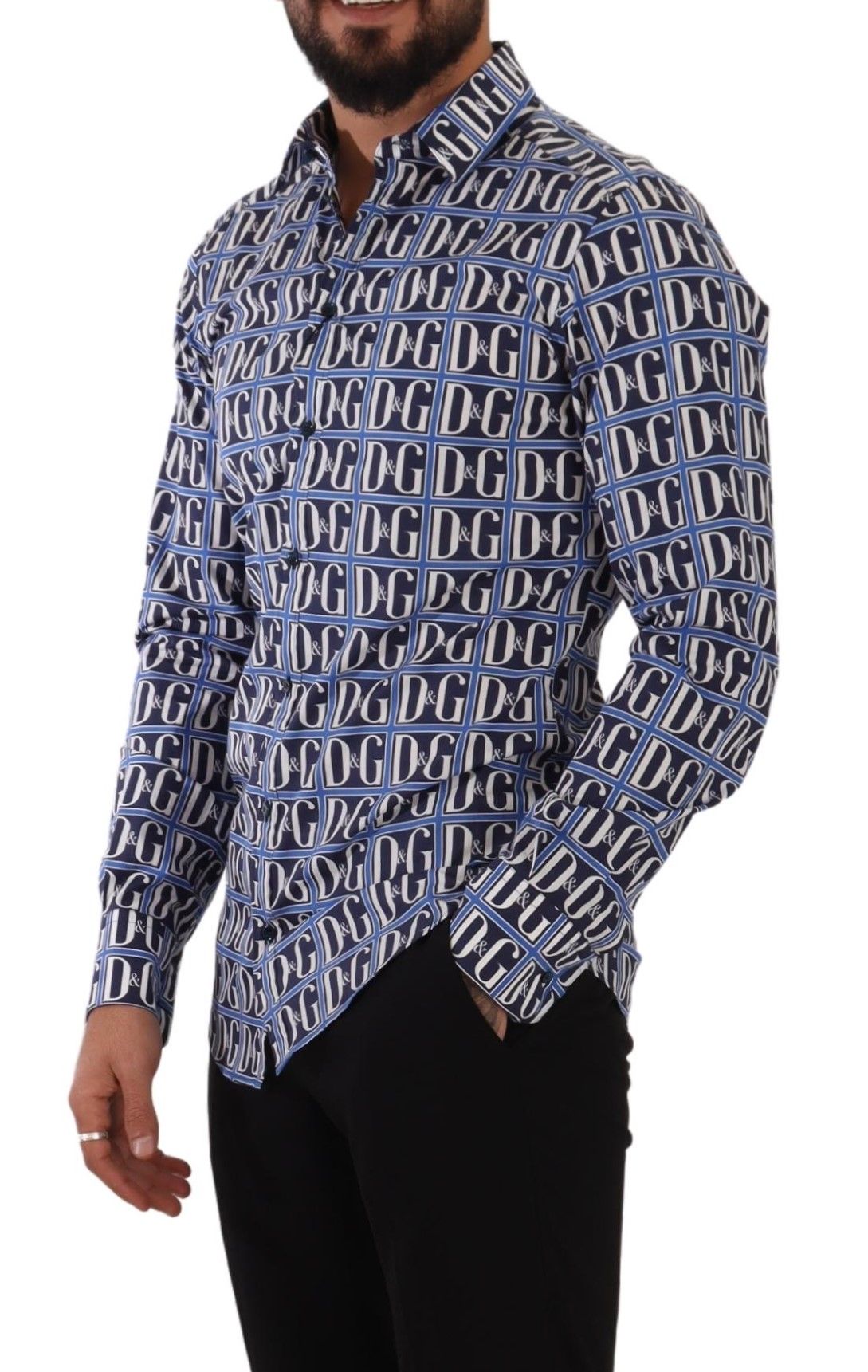 Dolce & Gabbana – Blaues Slim Fit-Baumwollhemd mit Logo „Mania“