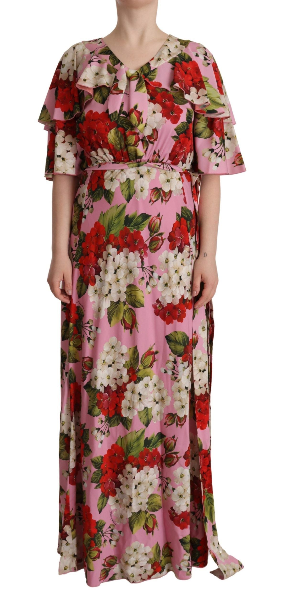 Dolce & Gabbana – Maxikleid aus Stretch-Seide mit Blumenmuster in Rosa