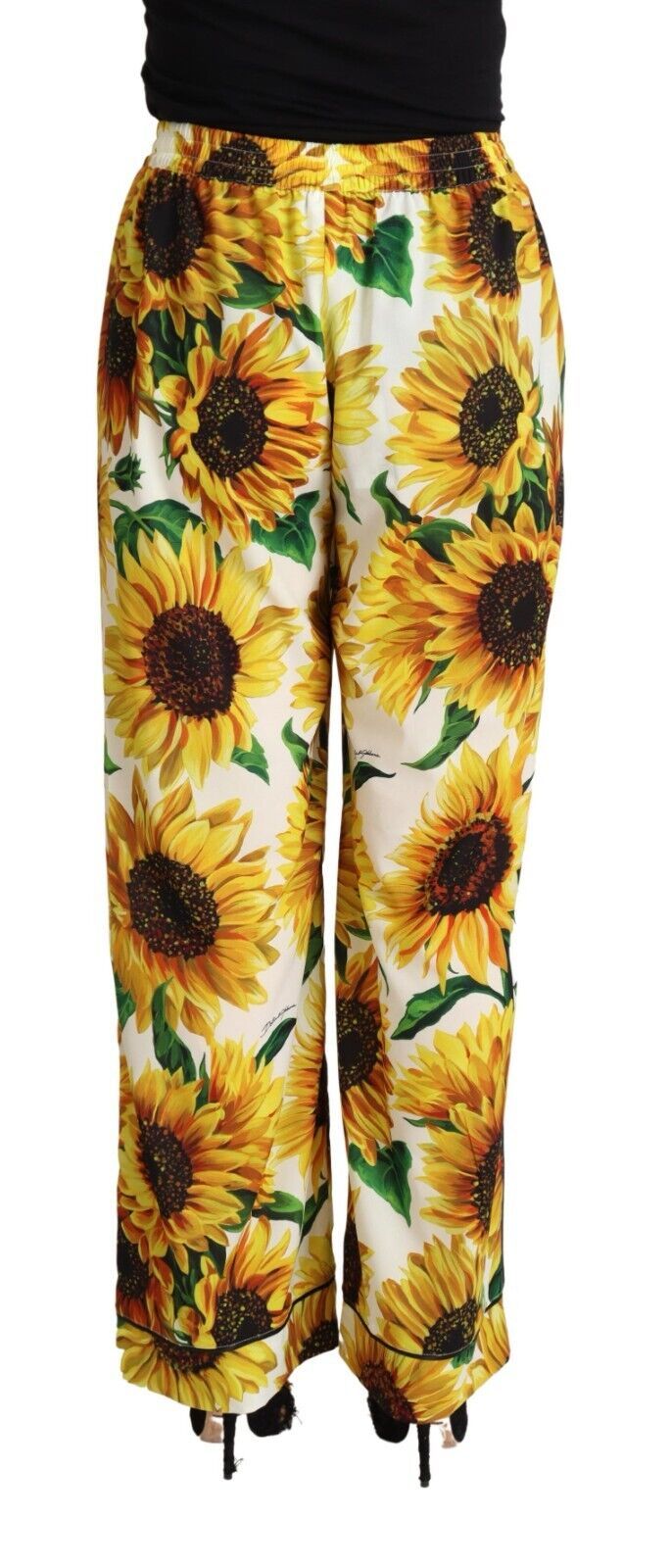 Dolce & Gabbana – Weiße Hose mit weitem Bein und Sonnenblumen-Print, mittlere Taille