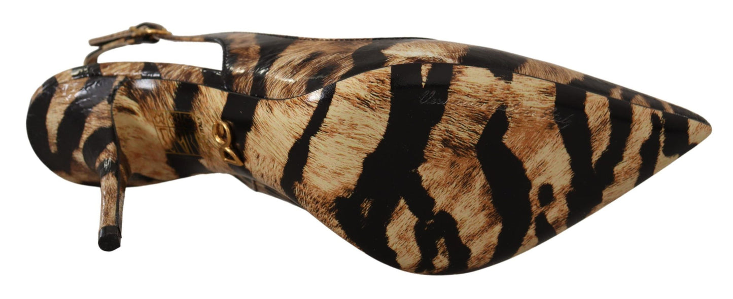 Dolce & Gabbana – Slingbacks aus Leder in Braun mit Tiger-Print