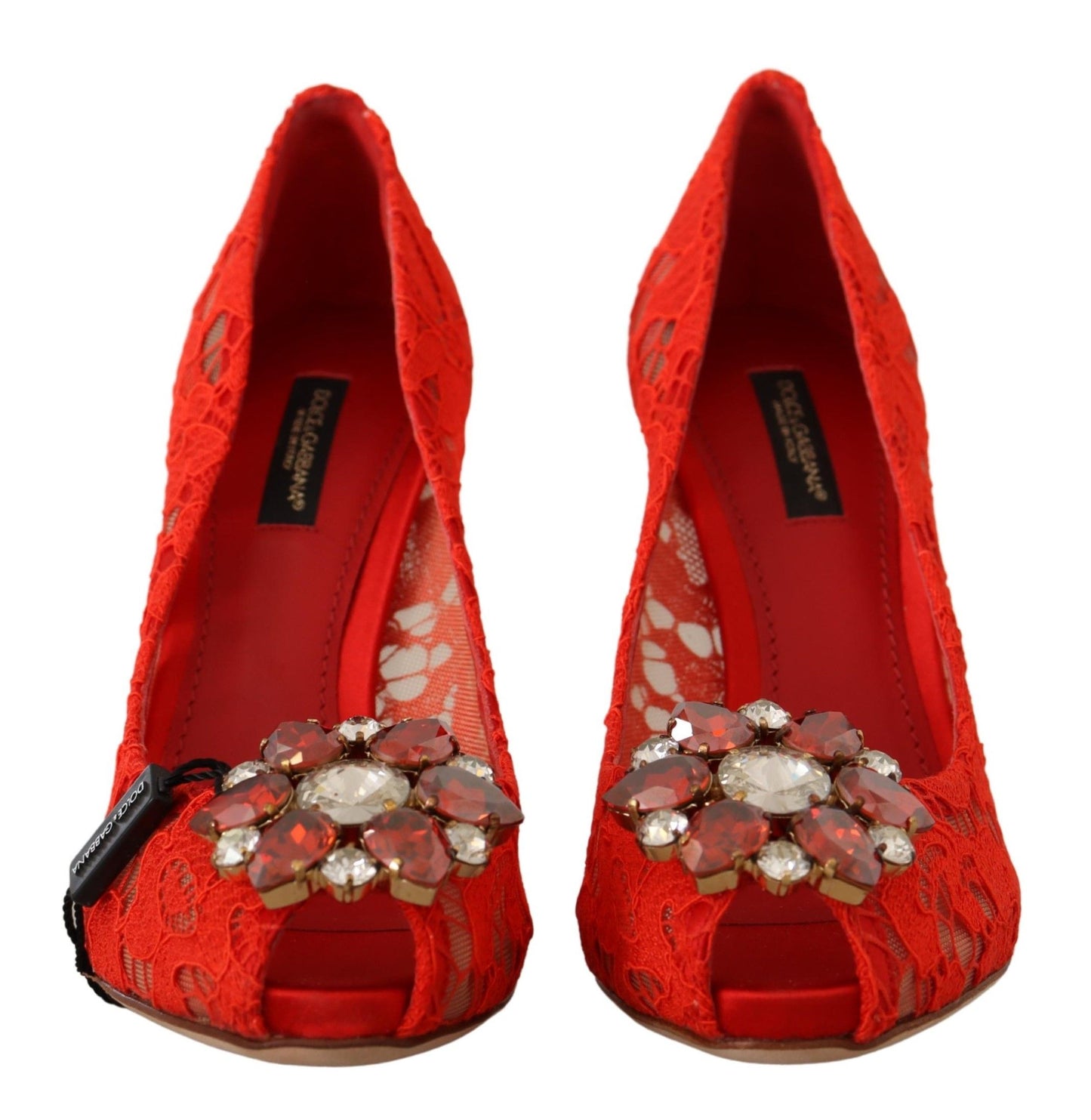 Dolce & Gabbana Rote Taormina-Pumps mit Spitzen- und Kristallabsatz
