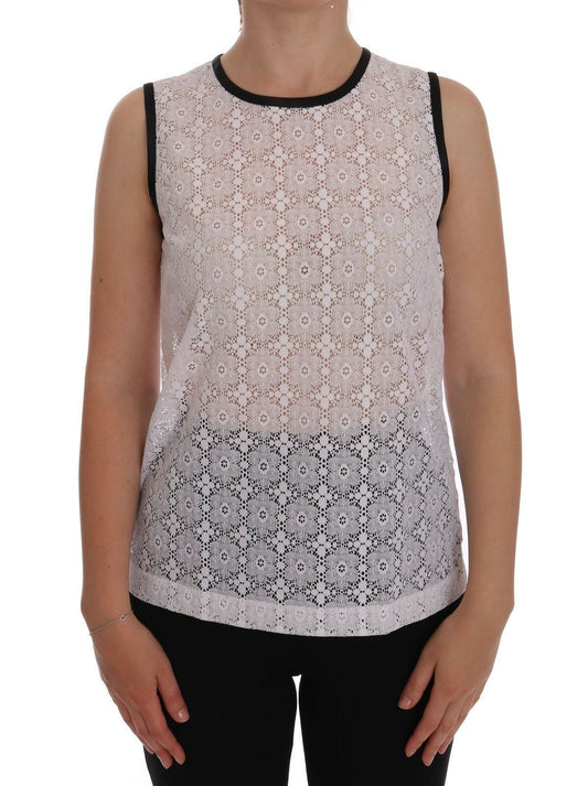 Dolce & Gabbana – Weißes Nylon-Tank-T-Shirt mit Spitzenblumenmuster