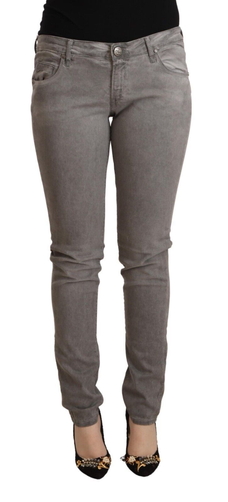 Acht Skinny Push-Up-Jeans aus Baumwolle in Grau mit niedriger Taille