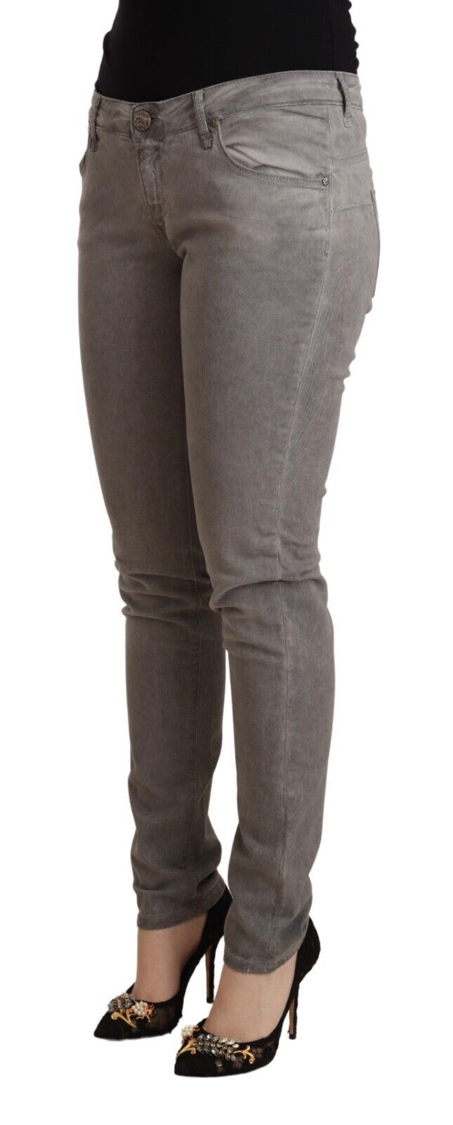 Acht Skinny Push-Up-Jeans aus Baumwolle in Grau mit niedriger Taille