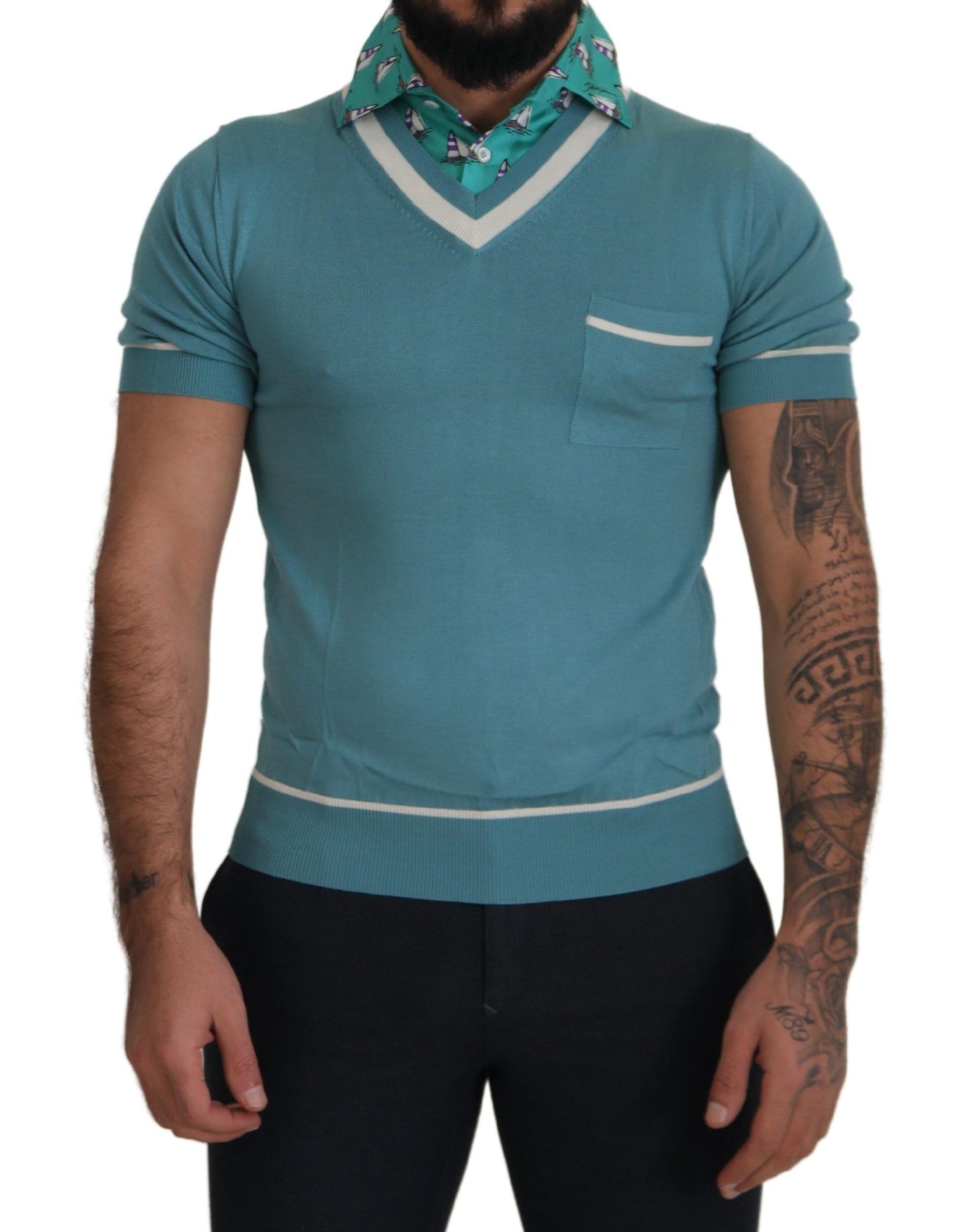 Dolce & Gabbana Blaues Poloshirt aus Seide für Herren mit V-Ausschnitt