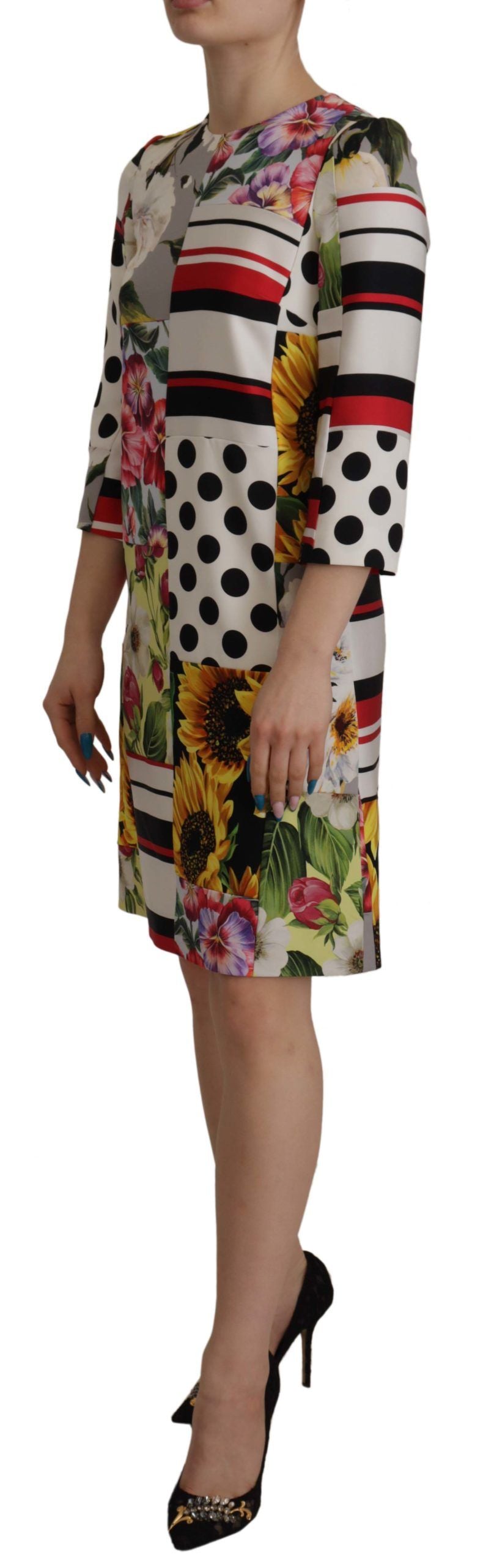 Dolce & Gabbana – Mehrfarbiges Etuikleid aus Charmeuse mit Blumenmuster und Jquard-Muster