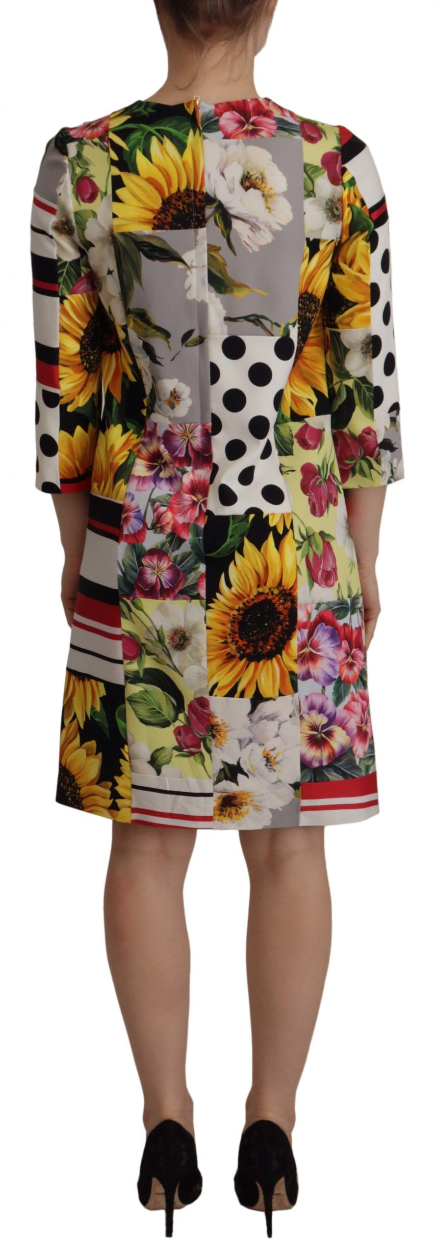 Dolce & Gabbana – Mehrfarbiges Etuikleid aus Charmeuse mit Blumenmuster und Jquard-Muster