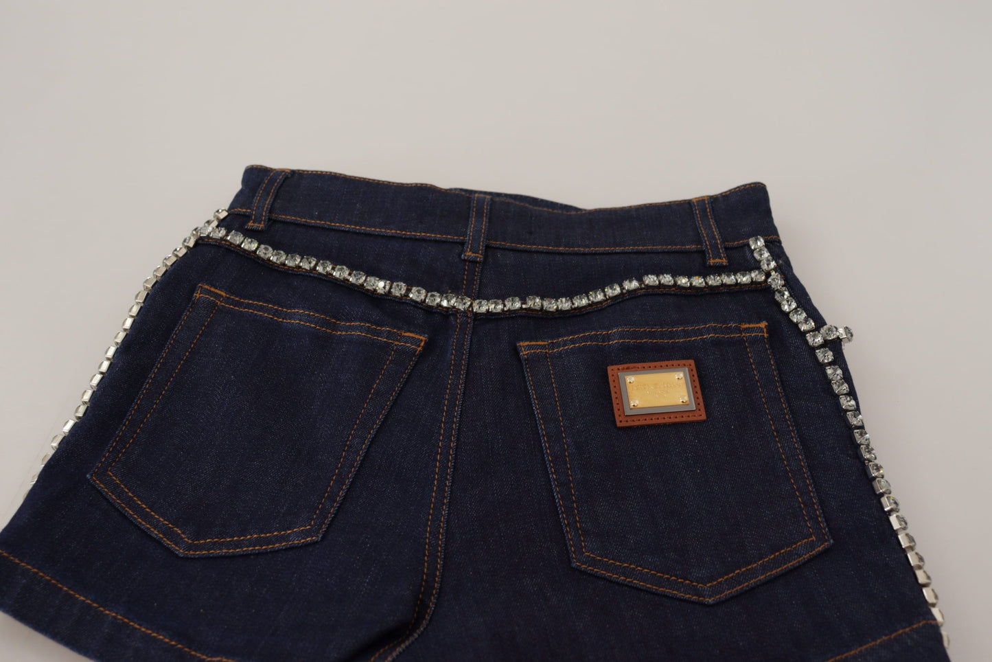 Dolce & Gabbana – Hotpants-Shorts aus Stretch-Denim mit Kristallen in Blau