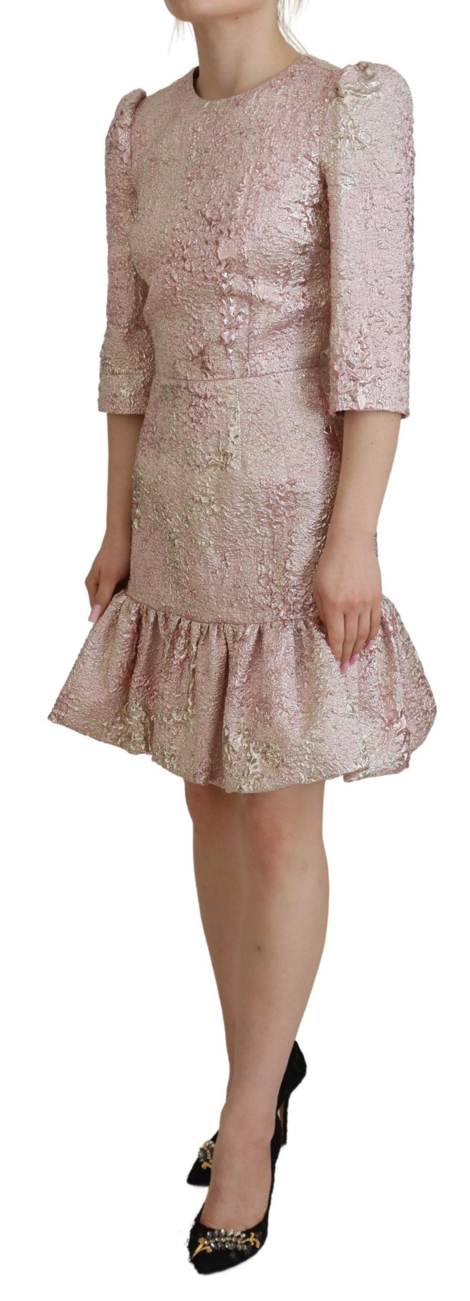 Dolce & Gabbana – Rosa Jacquard-Midikleid mit 3/4-Ärmeln